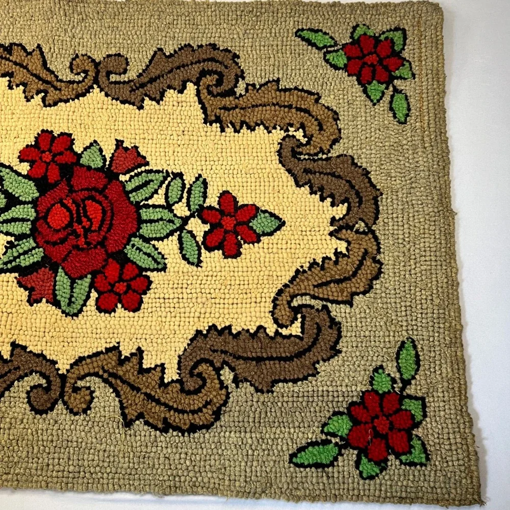 Vintage Hand Hooked Red Rose Floral Rug | 40